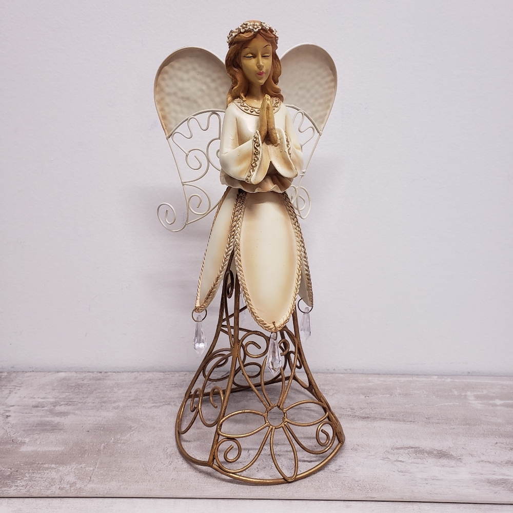 Beautiful Praying Angel Figurine with Metal Wire Wings & Floral Crown-Home Decor